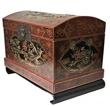 Vintage Chinese Carved Double Dragon Wood Dowry Keepsake Box Felt Lined W/Stand picture