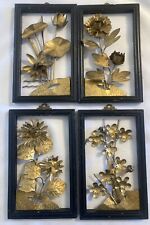 Vintage Brass & Wood Floral Hanging Wall Plaques Flowers Set of 4 picture
