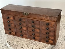 Antique Oak Watchmaker Chest Box complete w/ 36 jars Apothecary Cabinet Jewelry picture