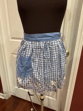 Vintage Blue Gingham Half Apron Hand Embroidered Pocket Cottage Farmhouse Retro picture