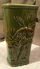 VTG 1970's Square Green Ceramic Vase Tropical Palm Trees 7.75”Tall X 4” Wide-EUC picture