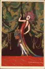 Beautiful Woman Art Deco Peacock-Like Dress Curtains CORBELLA c1920s Postcard picture