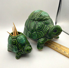 Enesco Japan Green Ceramic Turtle Trinket Box with Lid Turtle Decor Figurine picture