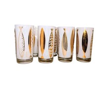x8 MINT Fred Press Vtg Atomic Fish Glass Set White & Gold MCM Highball Glasses picture