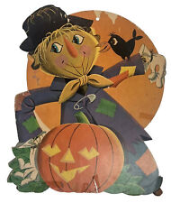 Vintage Halloween Diecut Scarecrow Pumpkin Black Crow Cardboard Decoration Vtg picture