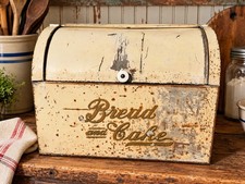 Old Antique Roll Top Painted Tin Bread Box Vintage Victorian Era Kitchen Storage picture