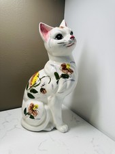 Vintage 1950s NORLEANS Japan Hand Painted Fanciful Floral Cat 12 Inches Statue picture