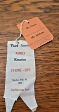 1931 Strine-Sipe Reunion Ribbon Name Tag Mrs Harvey Cold springs PA York picture