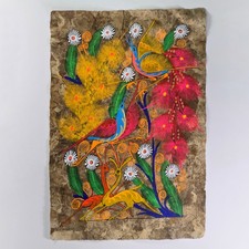 VTG Mexican Folk Art Amate Bark Paper Painting Floral Bird Deer Flowers 15