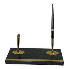 Vintage Marble Dual Double Pen Holder Desk Green & Gold ~ GOLD Pen Stand picture