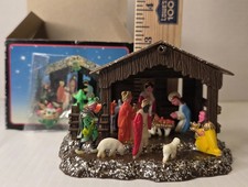 NEW Vintage Mini Plastic Nativity Scene Feather Tree glitter In Orig Box 4×3×3 picture