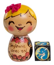 Cute Creative Kokeshi Doll w/ Paris & Cat Motif by Masami Kaneko 'Cokets', 3.5