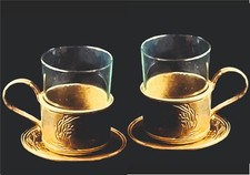 2 Tea Cups Glass Solid Brass + Saucers SKS 