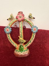 Vintage Mexican Folk Art Pottery - Tree of Life Bird Candelabra Candle Holder 5” picture