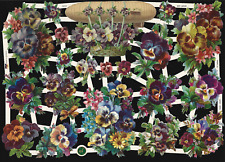German Embossed Vintage Style Scrap Die Cut - Colorful Pansy Flowers  EF7414 picture