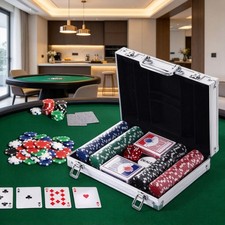 200 Striped Poker Chip Set with Storage Case, 2 Decks Cards 5 Dice Dealer Button picture