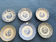 Antique Blue White Transferware Plates Lot of 6 Staffordshire English Wall Decor picture