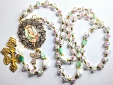 Victorian Pink Rose Lampwork Bead Padon Crucifix Queen Mary Angel Charm Rosary picture