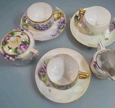 Vtg Violet Floral Porcelain Tea Set 3 Cups Saucers Sugar Creamer Gold Mismatched picture