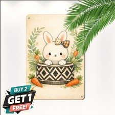 Geometric Diamond Pot Bunny Sign Whimsical Spring Rabbit Tin Wall Plaque picture