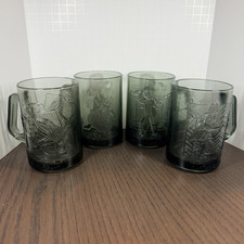McDonald's Set of 4 Smoky Gray Glass Mug Cups Embossed Sports Scenes (1970’s) picture