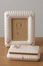 Vintage Berger Italy Pearlized Ceramic Frame & Trinket Box Set Floral picture