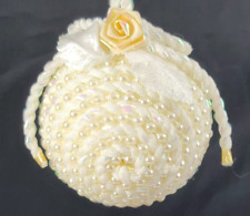 Vintage Handmade Faux Pearl Christmas Ball Ornament Flower Yarn picture