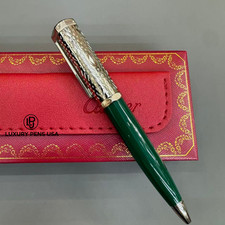 CARTIER Santos Emerald Green Silver Engraved Cap Ballpoint Pen Luxury Rare picture