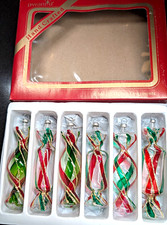 Pyramid Handcrafted VTG Xmas Glass Glitter Swirl Candy Ornaments Six in Box RARE picture