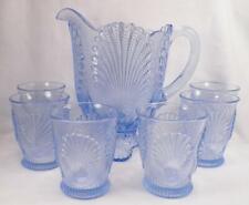 Mosser Glass Beaded Shell Water Set Light Blue Pitcher & 6 Tumblers A Beauty picture