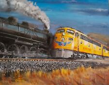 Original Oil Painting  Steam and Diesel Union Pacific Railroad Trains picture