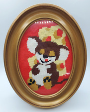 Vintage Oval Framed Needlepoint Bear In Gold Frame Red Brown White picture