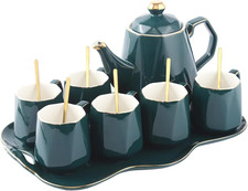 DUJUST 14 pcs Tea Set of 6 with Tray & Spoons, Modern Diamond Design Tea/Coffee picture