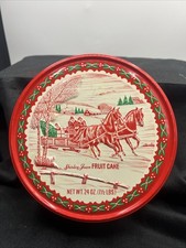 Vintage Shirley Jean Embossed  7” Fruit Cake Tin USA Red Christmas Sleigh picture
