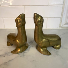 Pair Vintage Solid Brass Sea Lion Figurines Seal Animal Figurine Set picture