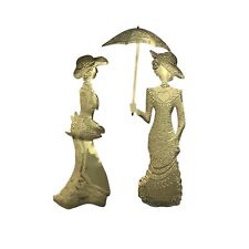 Vintage Wall Art Gold Colored Metal Victorian Lady Silhouettes Set of 2 picture