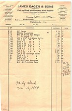 1944 James Eagen & Sons PA mine supplies billhead picture