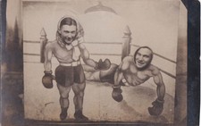 Vintage RPPC - Carnival peekaboo photo - Handsome wrestling buds - Gay interest picture