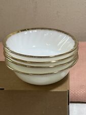 Set of 4 Vintage 5” Fire King Swirl Bowl Milk Glass Gold Trim picture