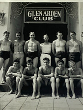 Vtg original B&W photo hunks dapper men Glen-Arden swim Club signage handsome picture