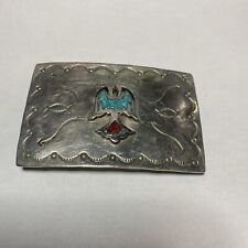 Old Vintage Native American Peyote Bird Turquoise Coral Chip Inlay Belt Buckle picture