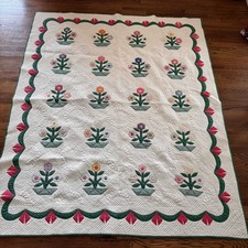 Vtg Floral Applique Quilt GREAT QUILTING Hand Quilted Feedsack Stunning Antique picture