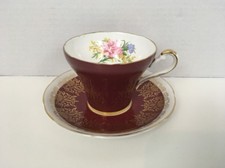 Royal Stafford tea cup and saucer gold gilt maroon  teacup pattern Rose picture