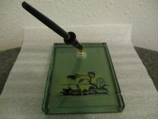 VINTAGE SHEAFFERS DESK FOUNTAIN PEN & GLASS BASE HOLDER BOAT RIVER FISHING SCENE picture