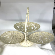 Cream Metal Three Tier Serving Tray Clamshell Filigree Fold Up Server picture
