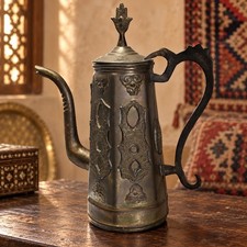 Vintage Moroccan Style Brass Coffee Pot Hamsa Finial Hinged Lid Long Spout Decor picture