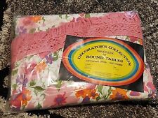Vtg MCM Round Tablecloth Groovy Floral Cotton With Pink Fringe 72in picture