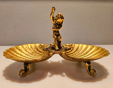 Vtg Hollywood  Regency Style Gold Toned Double Shell Trinket Dish Central Cherub picture