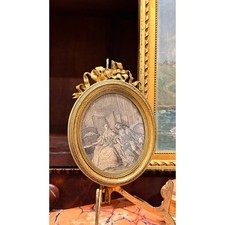 Antique French Bronze Ribbon Bow Picture Frame Oval Gilt Etching Courting Scene picture