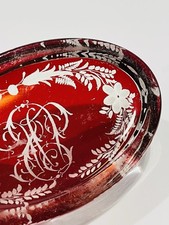 Antique 1880’s Bohemia Crystal Clear & Etched Cranberry Red Bottom Trinket 4.5” picture